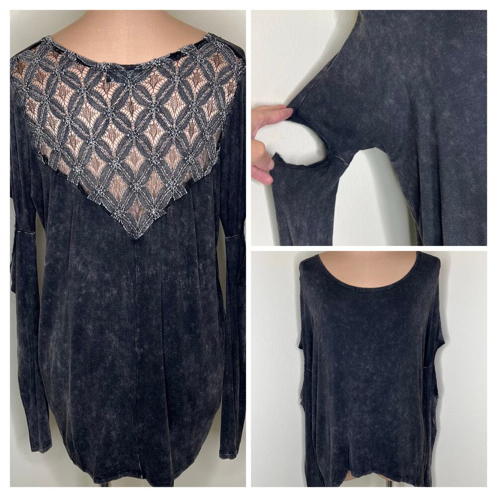 POL Top Womens Small Acid Wash Cutout Sleeve Oversized Grunge Boho Lace Jersey